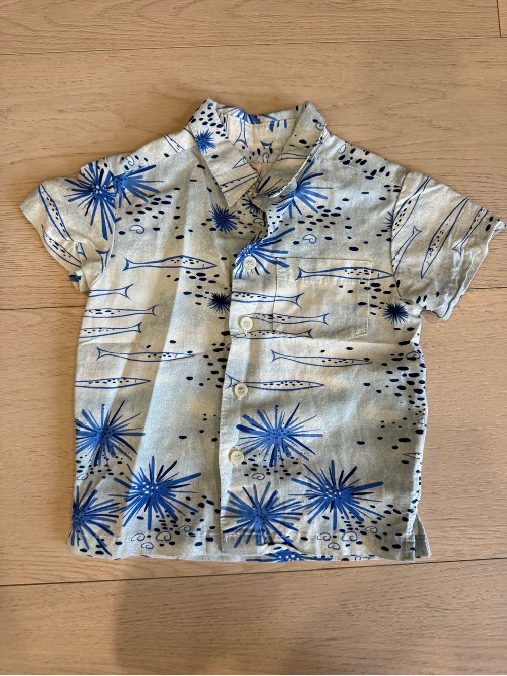 Kahala Boys' Button-Down Aloha Shirt - Blue Fish & Sea Burst Print | XXXS 1-2